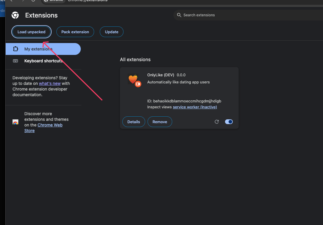 Загрузка расширения